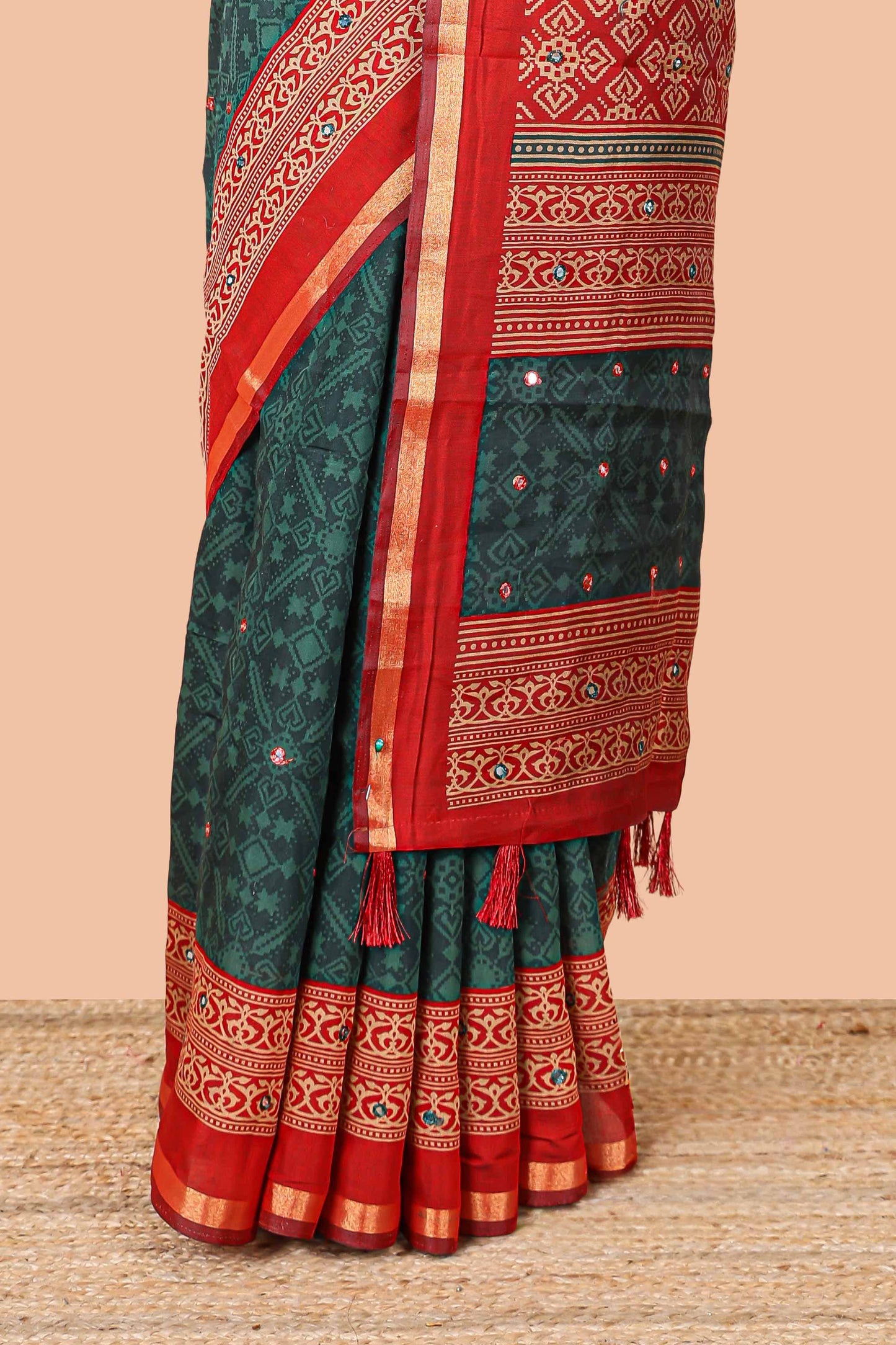 Green chanderi cotton geometric diamond mirror work saree with contrast zari border