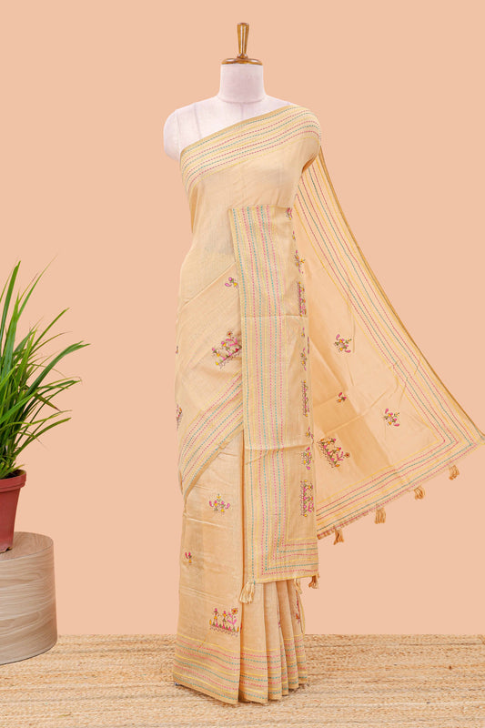 Lemon yellow chanderi cotton saree with all over warli style tribal couple embroidery and hand stitched line work