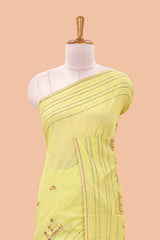 Green chanderi cotton saree with all over warli style tribal couple embroidery and hand stitched line work