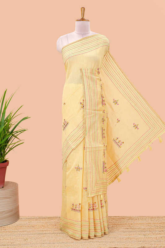 Mustard chanderi cotton saree with all over warli style tribal couple embroidery and hand stitched line work