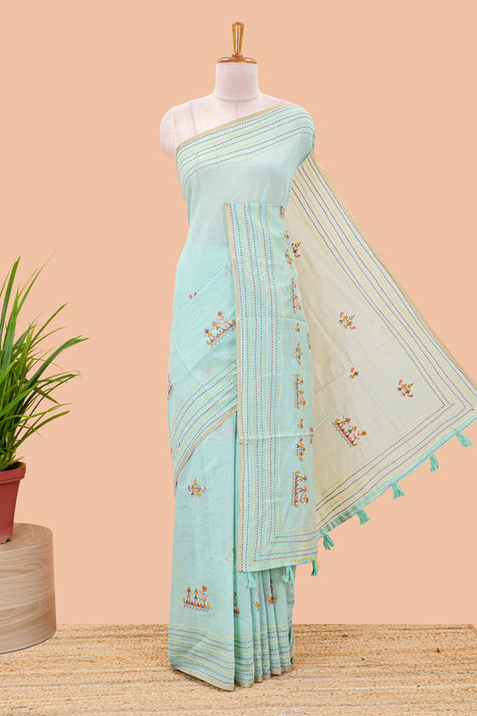 Blue chanderi cotton saree with all over warli style tribal couple embroidery and hand stitched line work