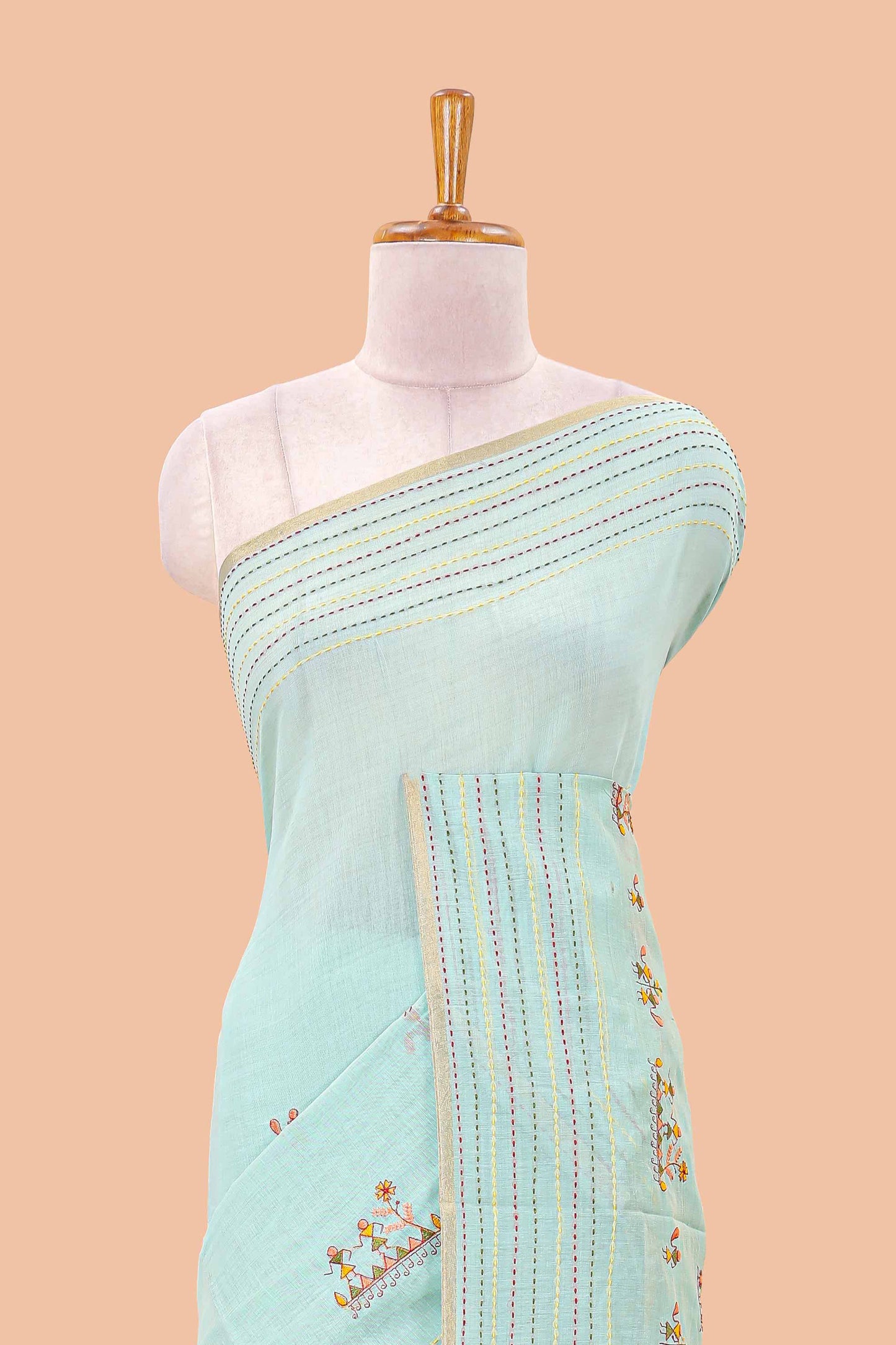 Blue chanderi cotton saree with all over warli style tribal couple embroidery and hand stitched line work