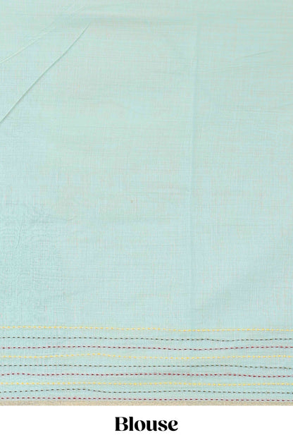 Blue chanderi cotton saree with all over warli style tribal couple embroidery and hand stitched line work