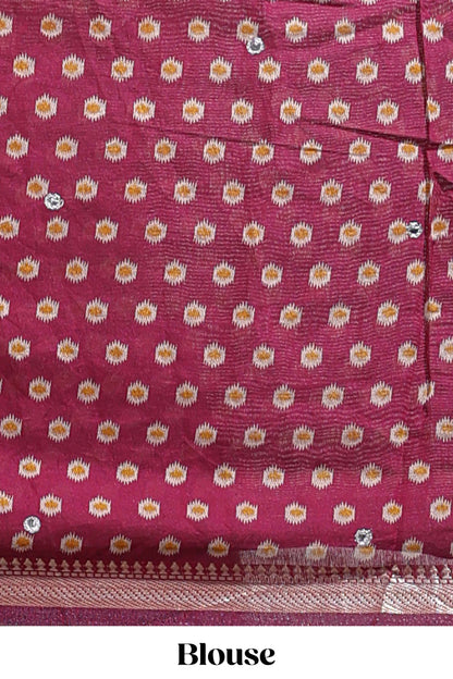 Cream chanderi cotton saree with ikkat style floral butta, pink border and patola inspired mirror work