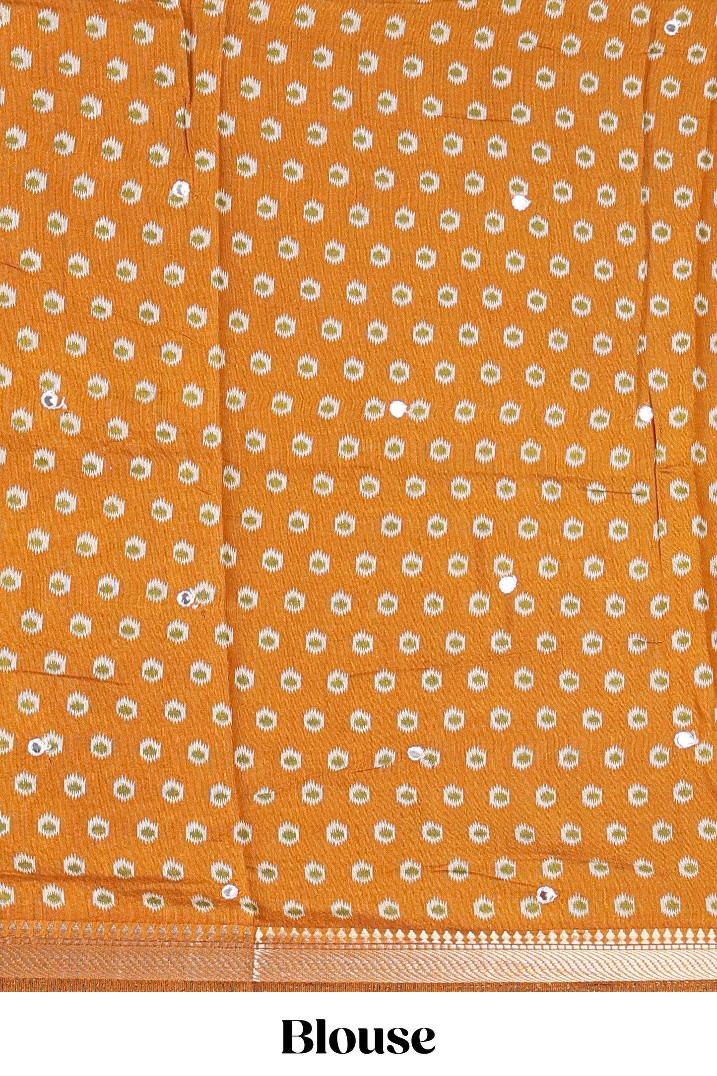 Cream chanderi cotton saree with geometric floral butta, mustard zari border and patola inspired mirror work