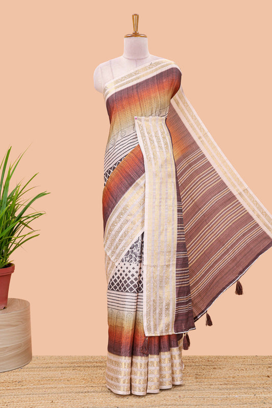 Faded orange dola silk saree with lotus bird creeper print and village themed pallu