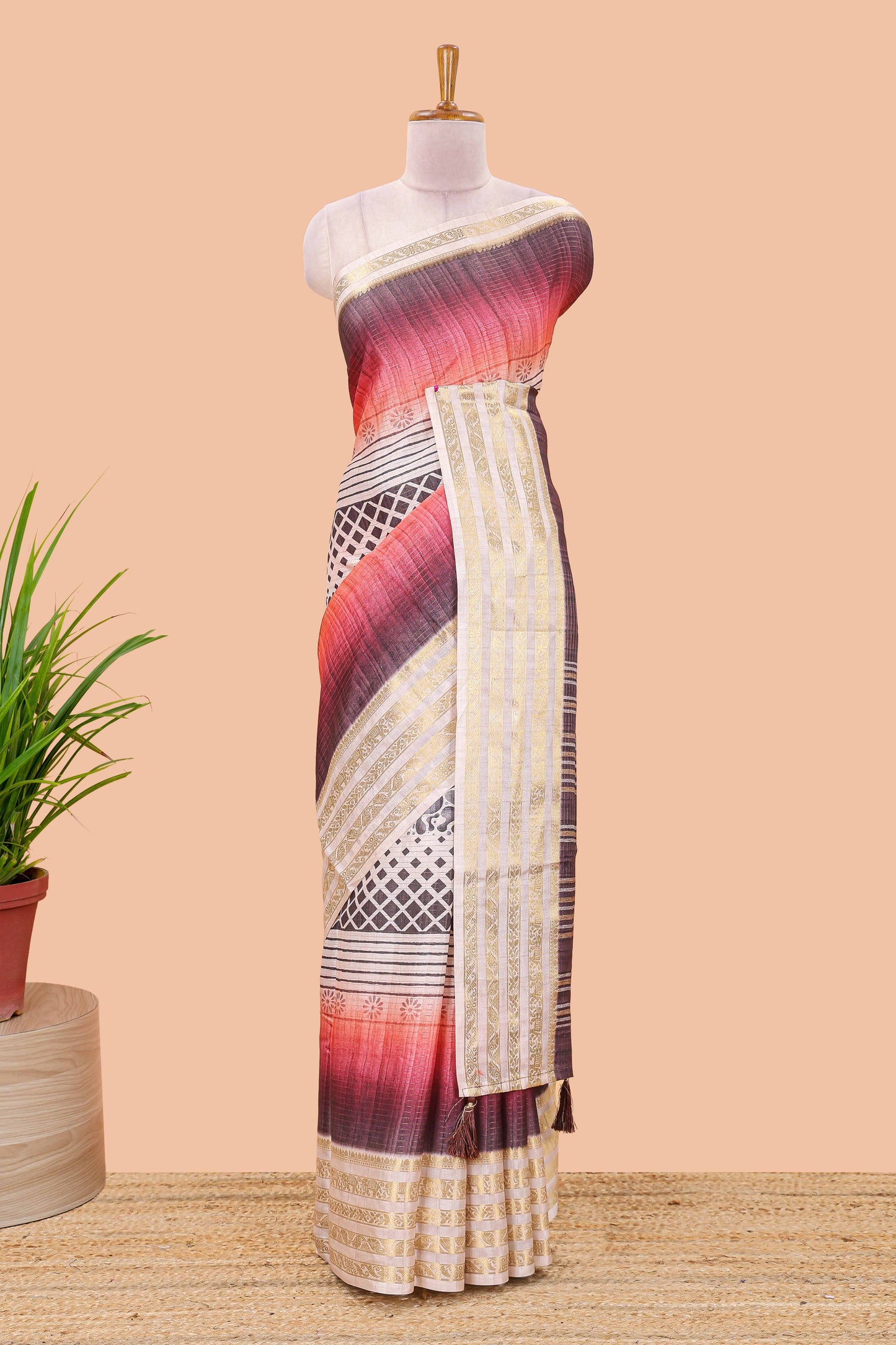 Pink shade dola silk saree with lotus bird creeper print and village themed pallu