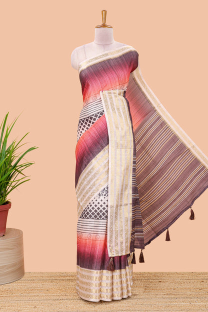Pink shade dola silk saree with lotus bird creeper print and village themed pallu