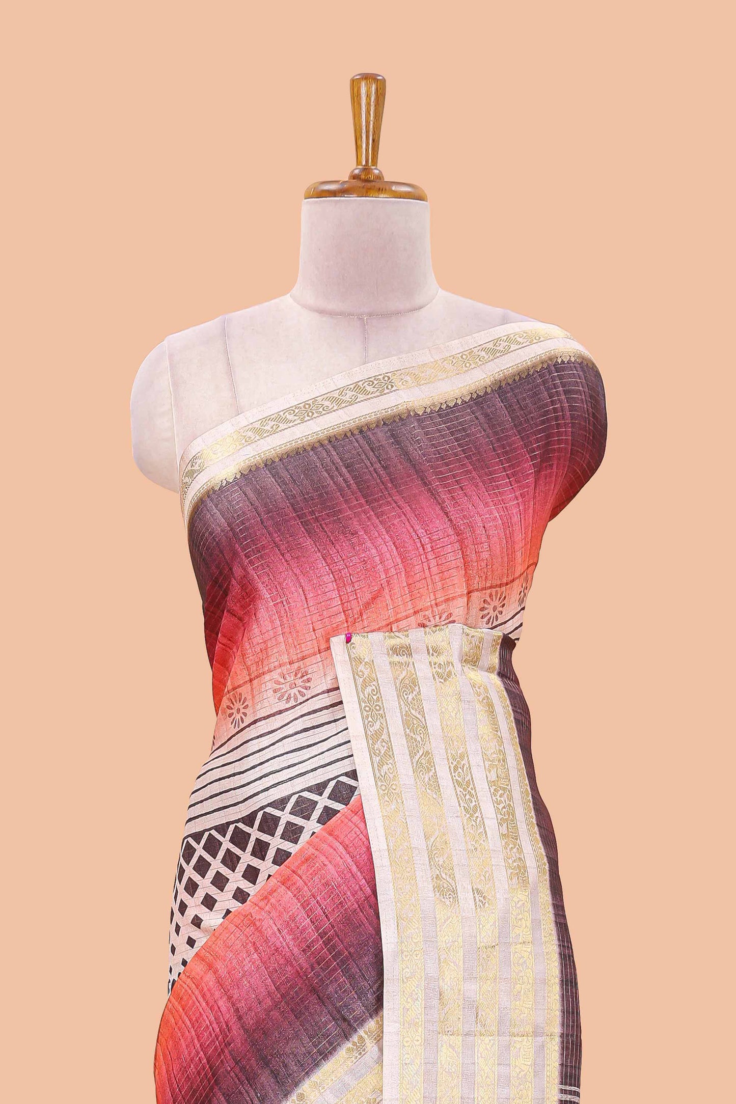 Pink shade dola silk saree with lotus bird creeper print and village themed pallu