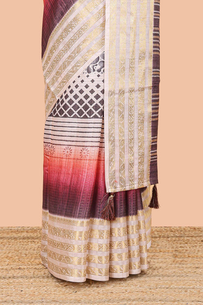 Pink shade dola silk saree with lotus bird creeper print and village themed pallu
