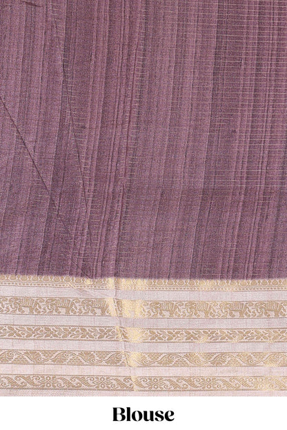 Pink shade dola silk saree with lotus bird creeper print and village themed pallu