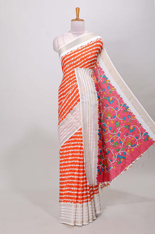 Orange marsh mellow shibori style saree with gold zari border & floral printed pallu and blouse