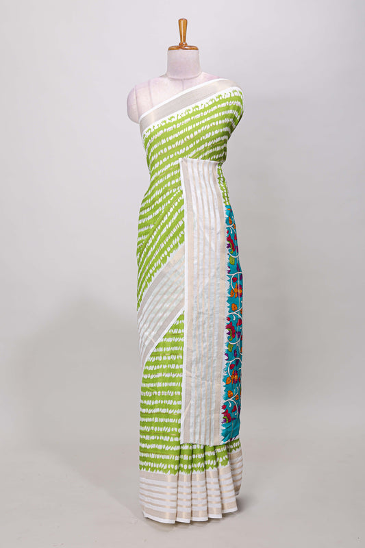 Green marsh mellow shibori style saree with gold zari border & floral printed pallu and blouse