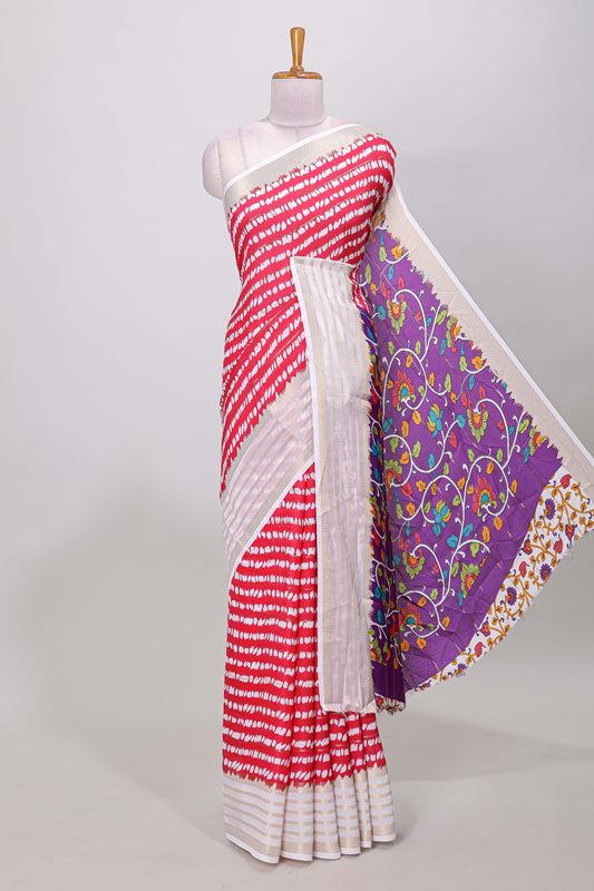 Pink marsh mellow shibori style saree with gold zari border & floral printed pallu and blouse