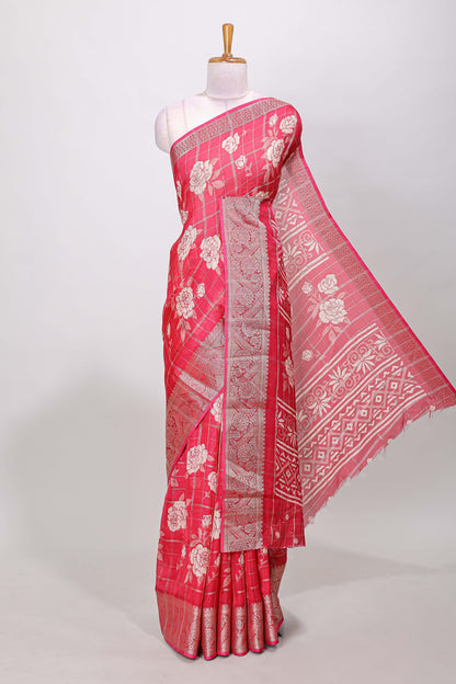 Pink checks marsh mellow gulab floral print saree with gold zari border and blouse