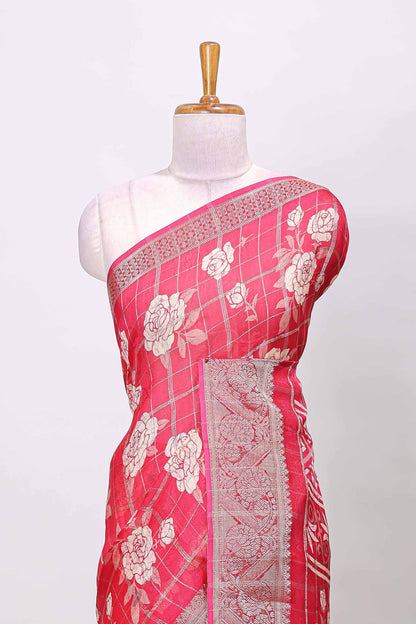 Pink checks marsh mellow gulab floral print saree with gold zari border and blouse