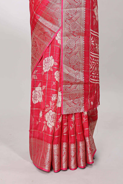 Pink checks marsh mellow gulab floral print saree with gold zari border and blouse