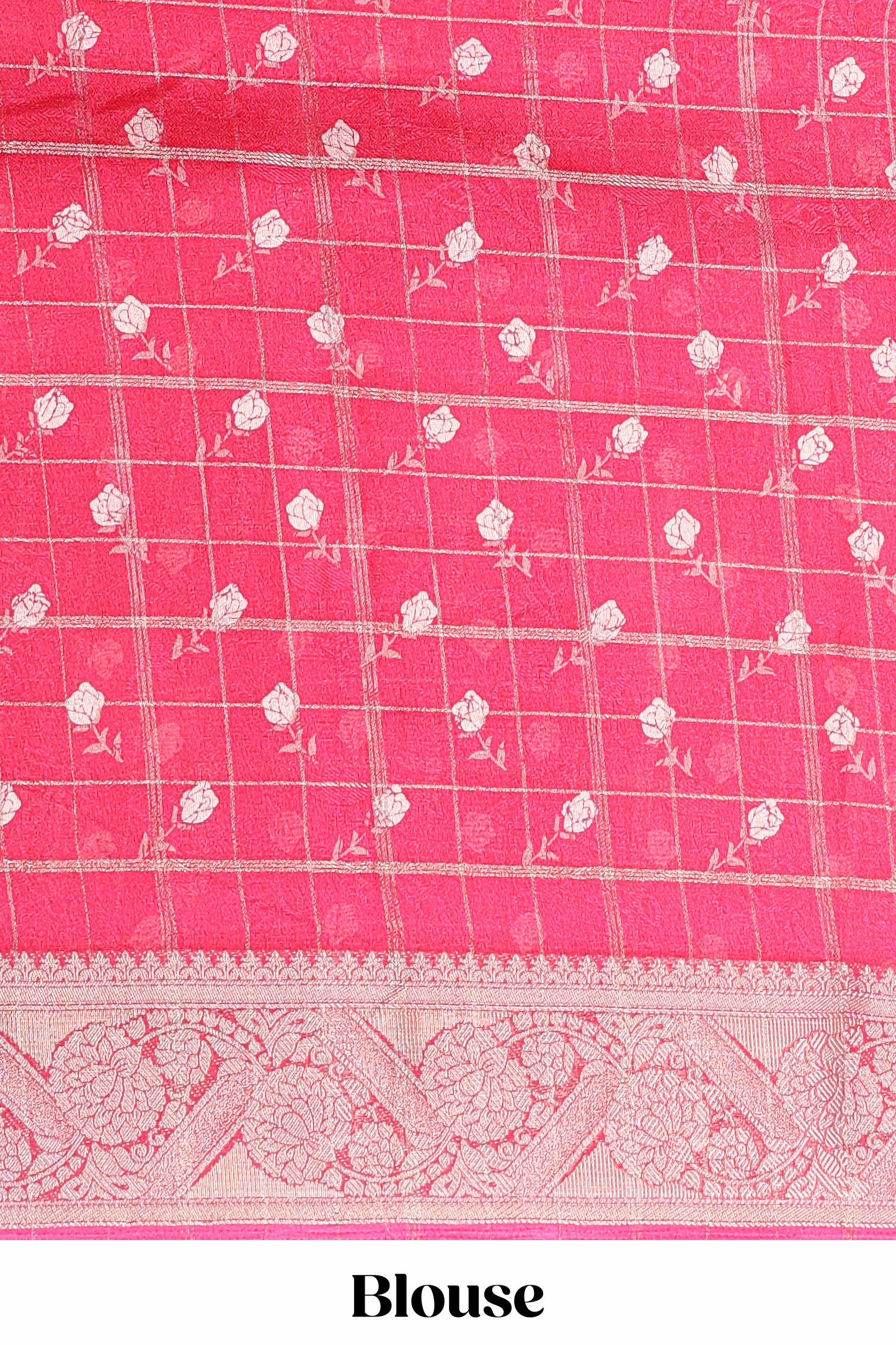 Pink checks marsh mellow gulab floral print saree with gold zari border and blouse
