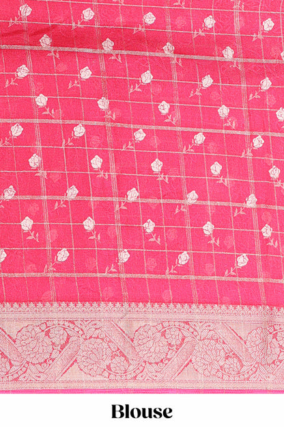 Pink checks marsh mellow gulab floral print saree with gold zari border and blouse
