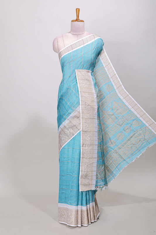 Blue marsh mellow saree with gold zari checks and contrast floral printed blouse