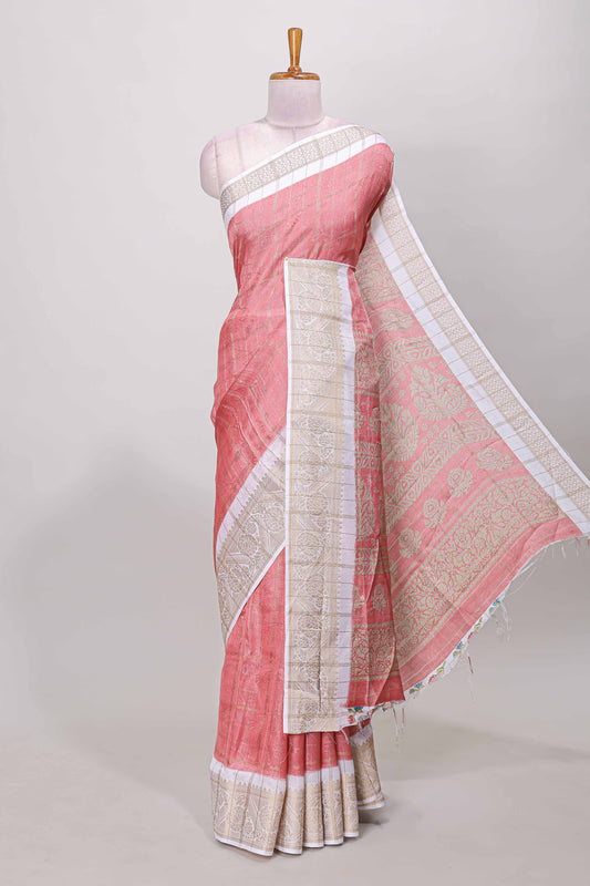 Pink marsh mellow saree with gold zari checks and contrast floral printed blouse