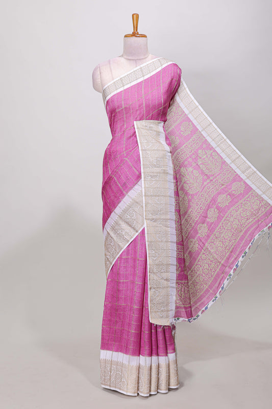 Deep mauve marsh mellow saree with gold zari checks and contrast floral printed blouse