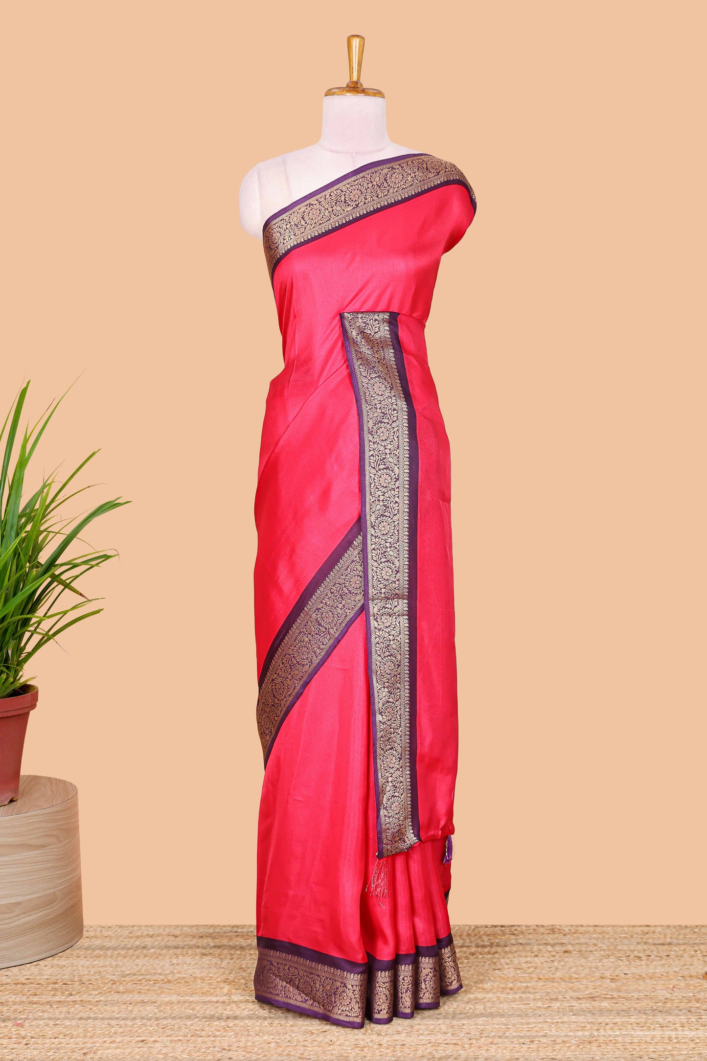 Pink marsh mellow plain saree with contrast gold zari border and butta blouse