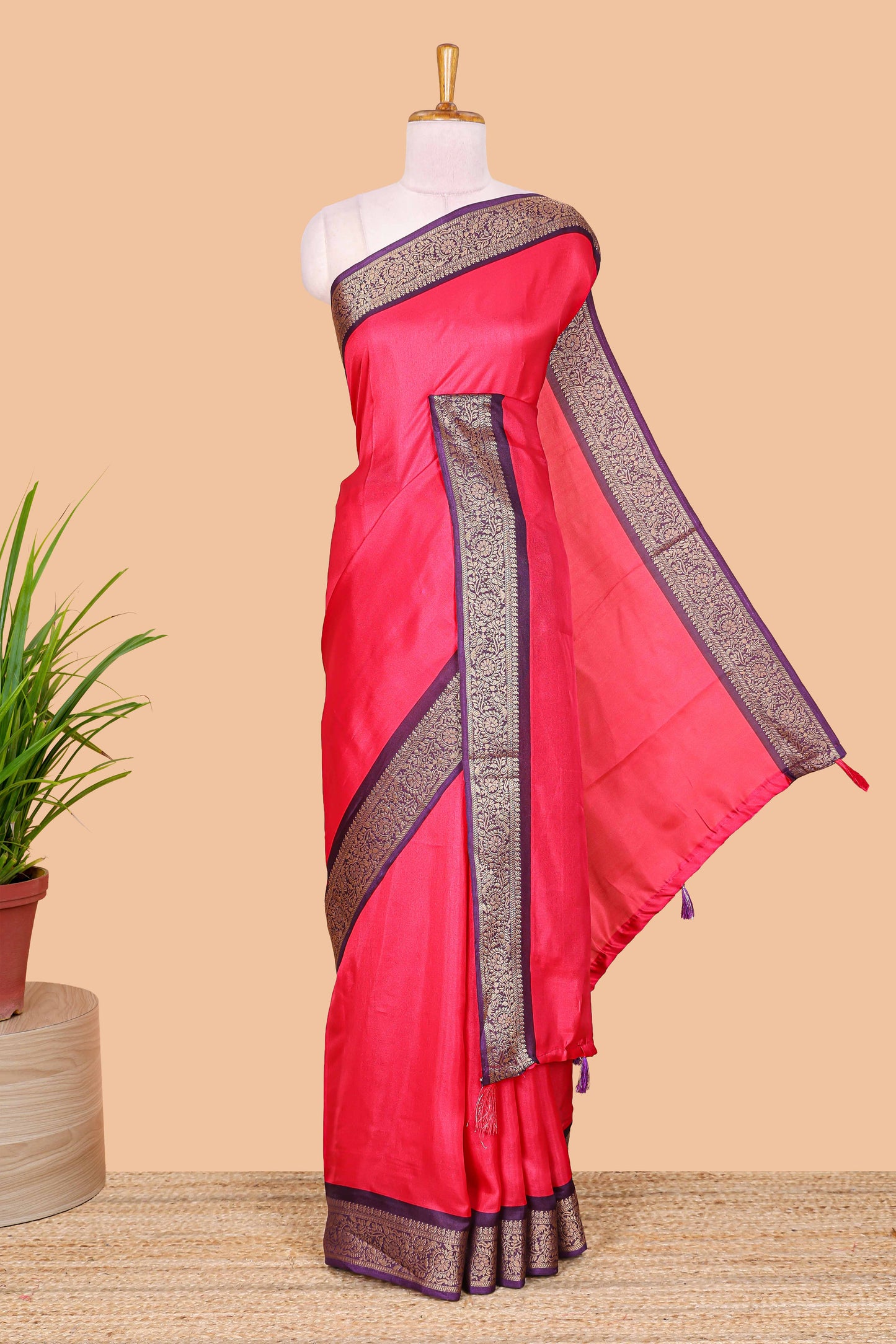 Pink marsh mellow plain saree with contrast gold zari border and butta blouse