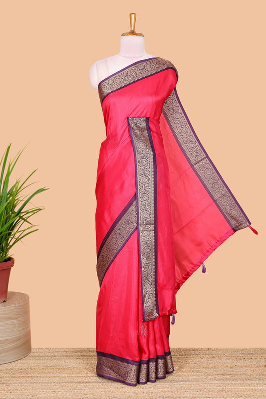 Pink marsh mellow plain saree with contrast gold zari border and butta blouse