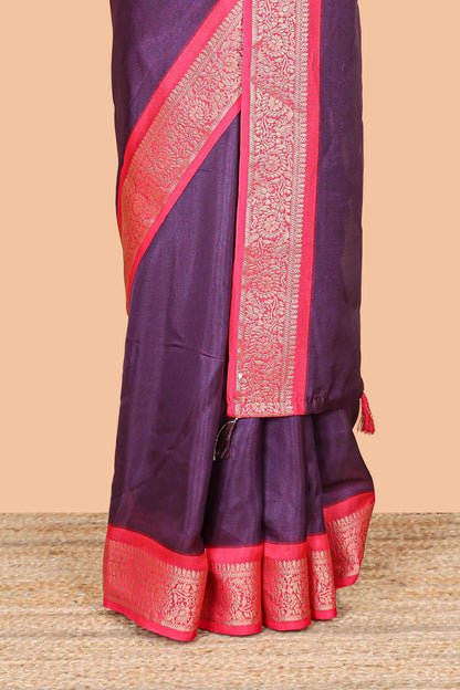 Purple marsh mellow plain saree with contrast gold zari border and butta blouse