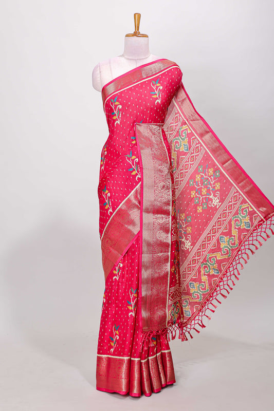Pink marsh mellow Ikkat floral and dotted butta saree with zari border