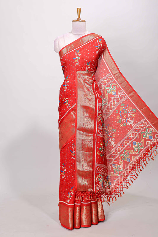 Red marsh mellow Ikkat floral and dotted butta saree with zari border