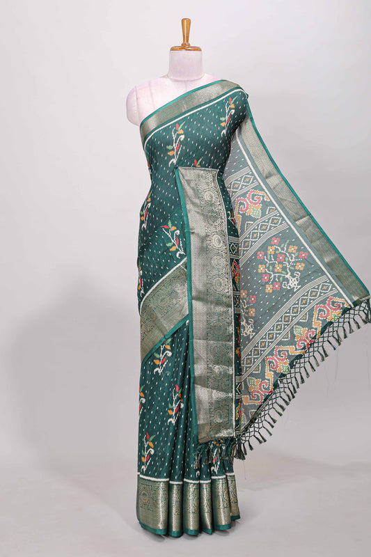 Green marsh mellow Ikkat floral and dotted butta saree with zari border
