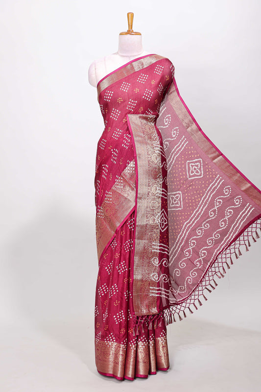 Maroon marsh mellow bandhani dot saree with gold zari border and butta blouse