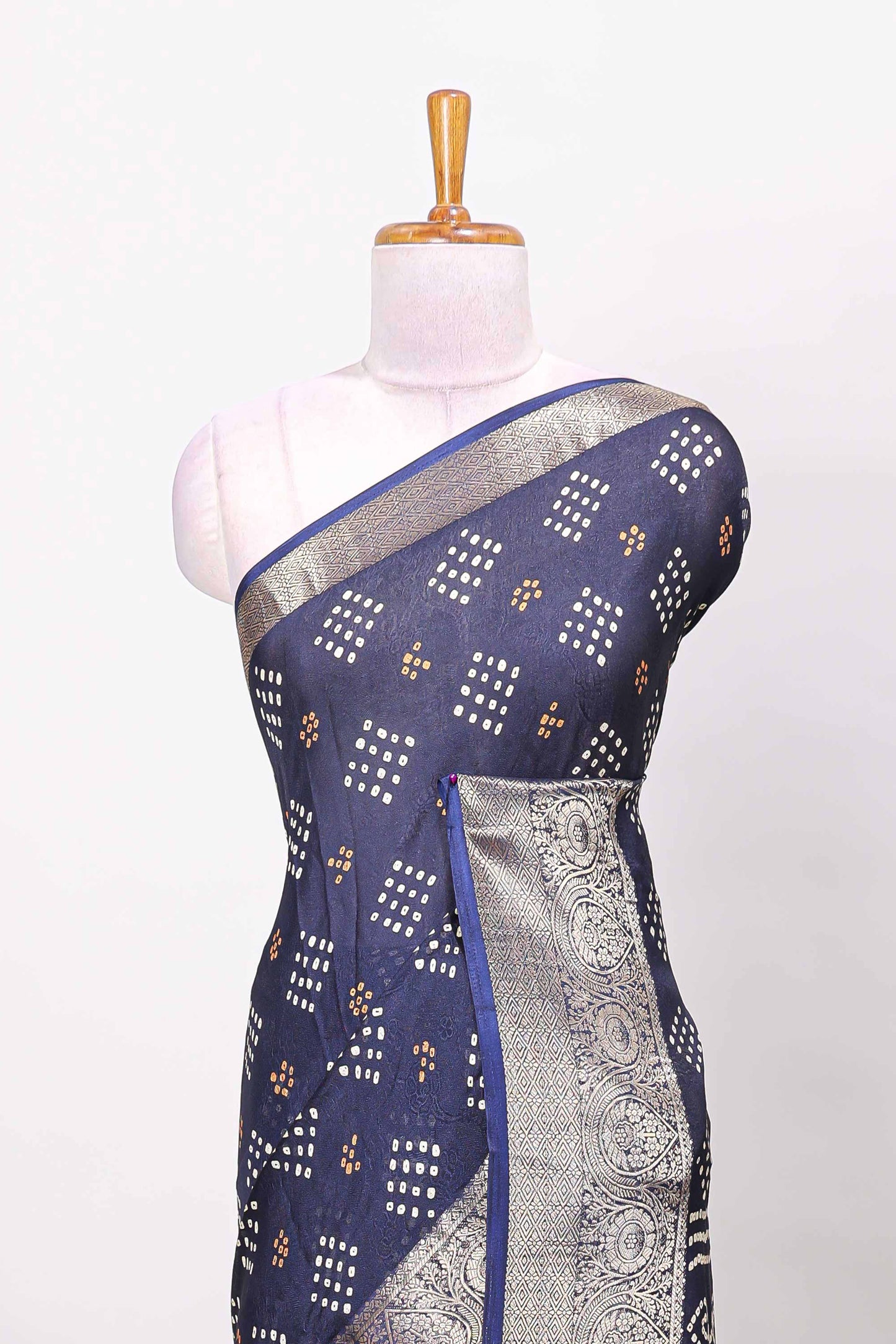 Blue marsh mellow bandhani dot saree with gold zari border and butta blouse