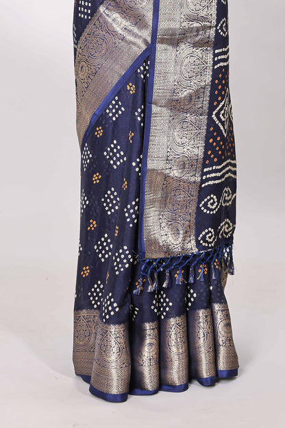 Blue marsh mellow bandhani dot saree with gold zari border and butta blouse