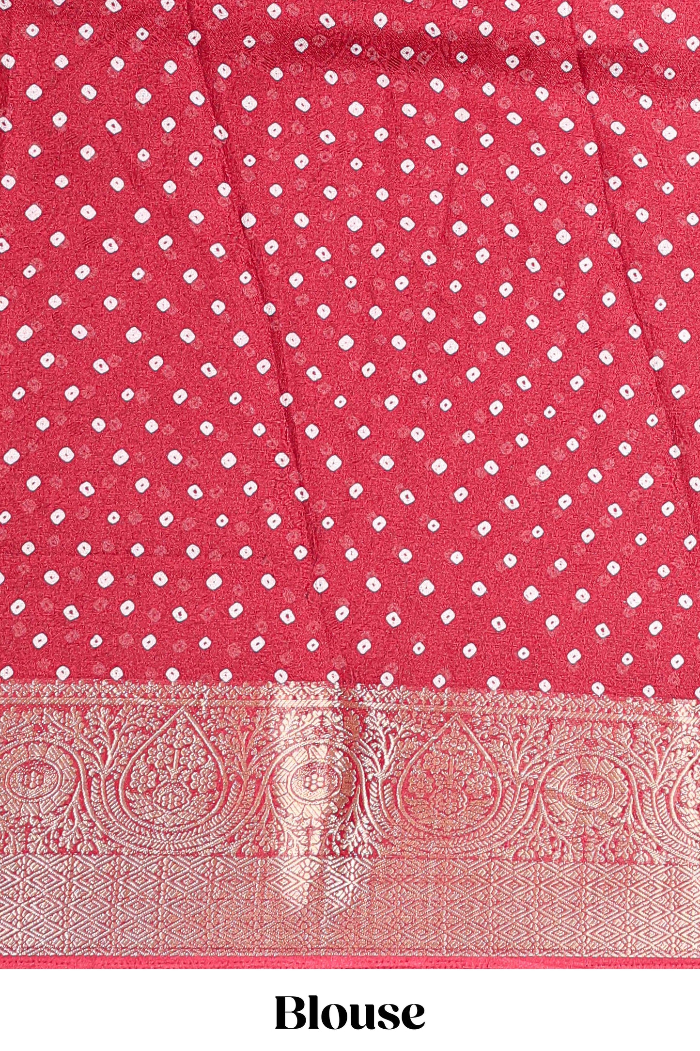 Red marsh mellow bandhani dot saree with gold zari border and butta blouse