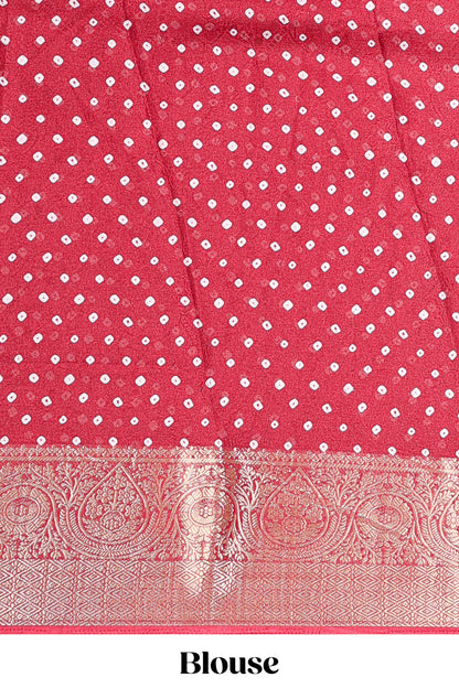 Red marsh mellow bandhani dot saree with gold zari border and butta blouse
