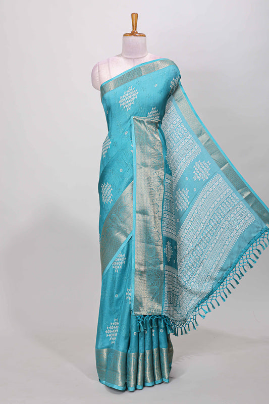Blue marsh mellow floral butta saree with gold zari border and printed blouse