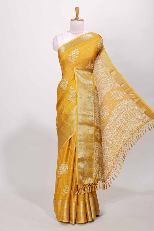 Mustard marsh mellow floral butta saree with gold zari border and printed blouse