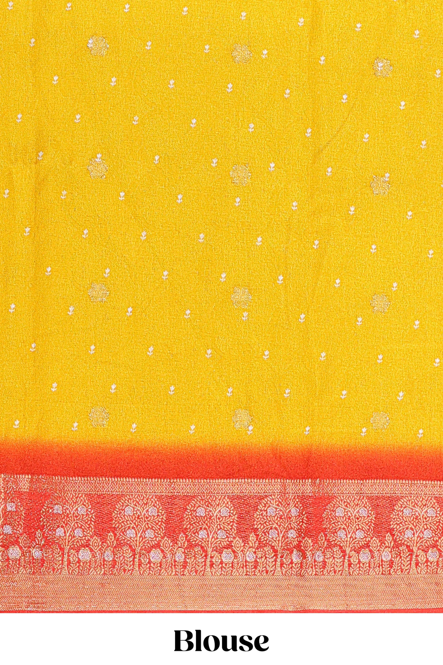 Yellow marsh mellow saree with leaf motifs, contrast border and floral butta blouse