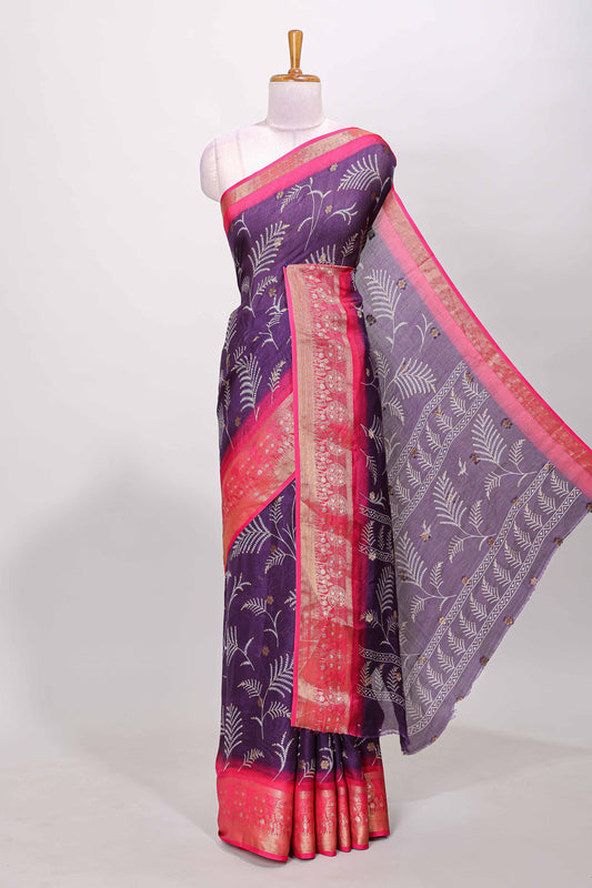 Violet marsh mellow saree with leaf motifs, contrast border and floral butta blouse