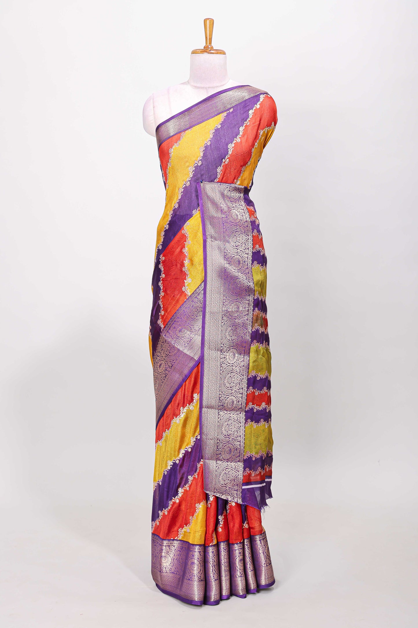 Marsh mellow multicolor laheriya stripe saree with gold zari violet border and matching blouse