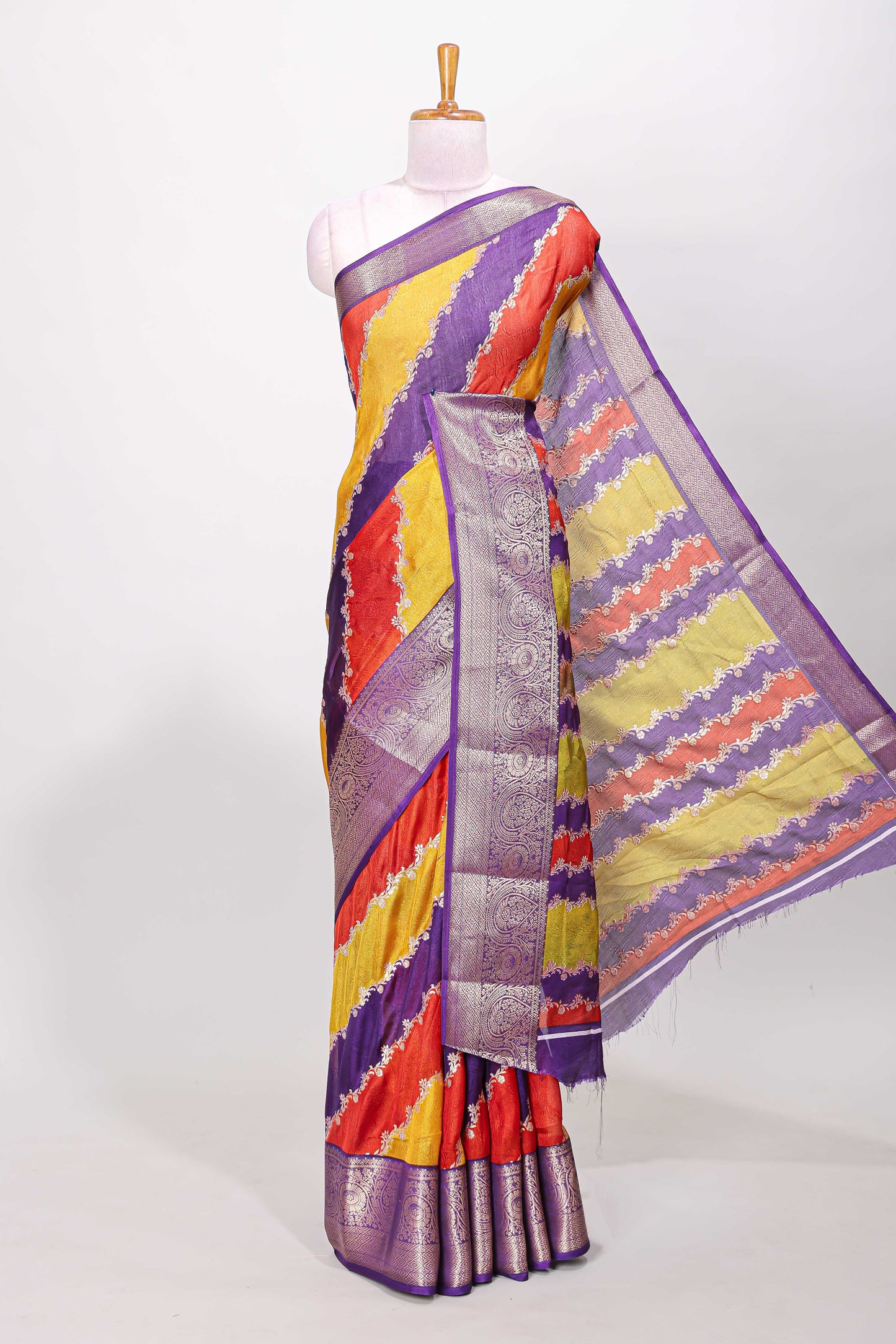 Marsh mellow multicolor laheriya stripe saree with gold zari violet border and matching blouse