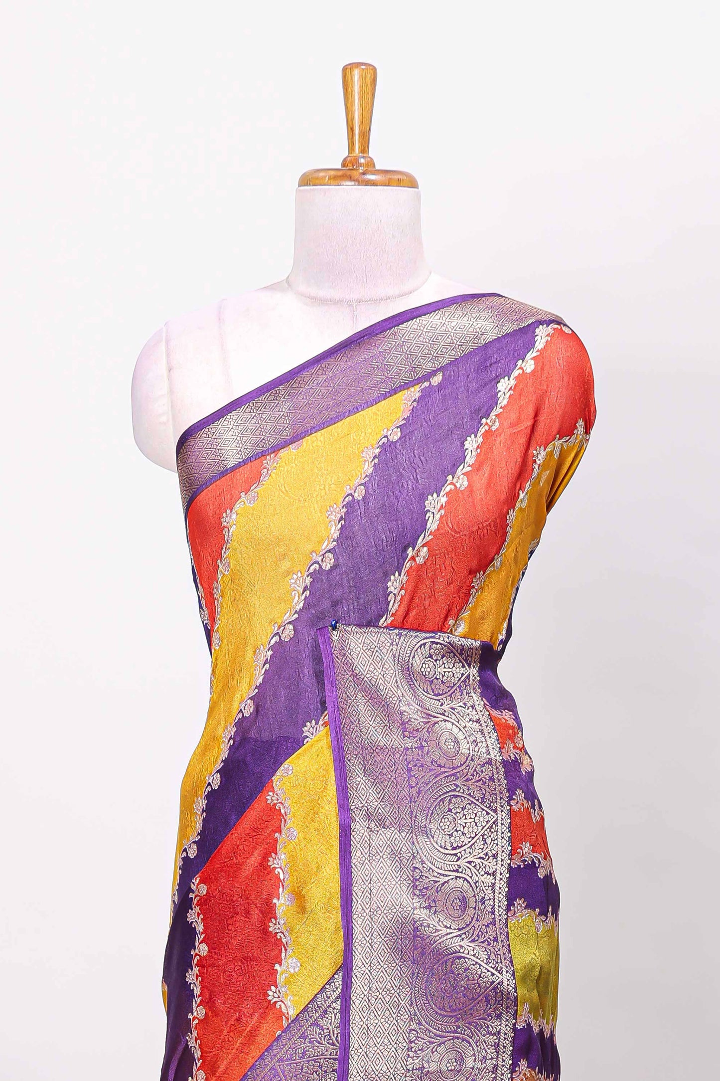 Marsh mellow multicolor laheriya stripe saree with gold zari violet border and matching blouse