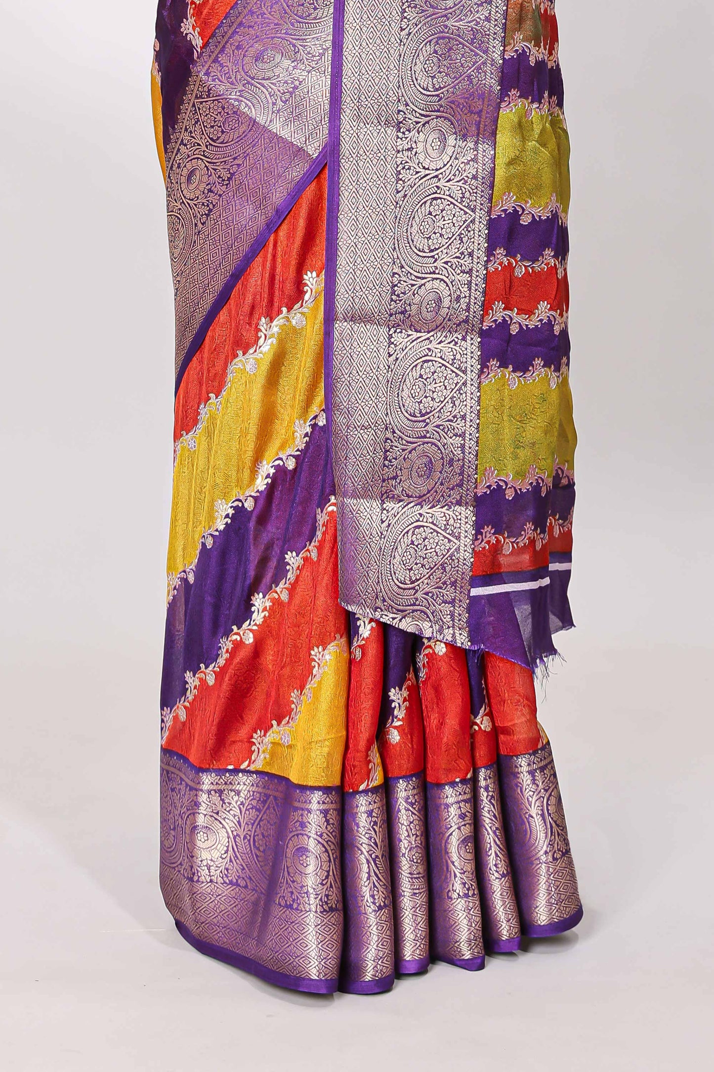 Marsh mellow multicolor laheriya stripe saree with gold zari violet border and matching blouse