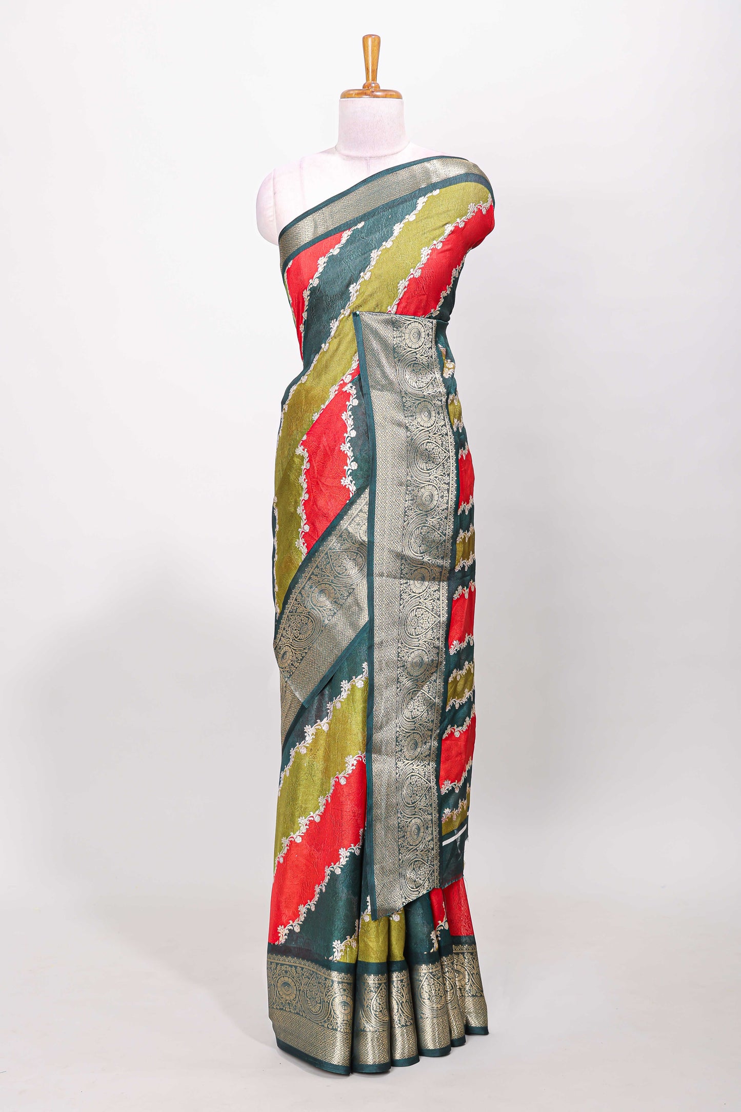 Marsh mellow multicolor laheriya stripe saree with gold zari green border and matching blouse