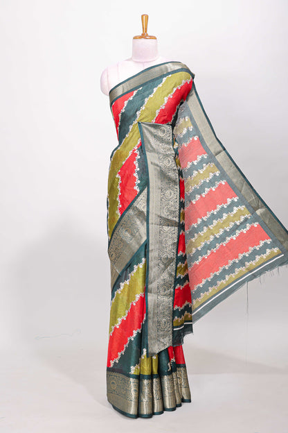 Marsh mellow multicolor laheriya stripe saree with gold zari green border and matching blouse