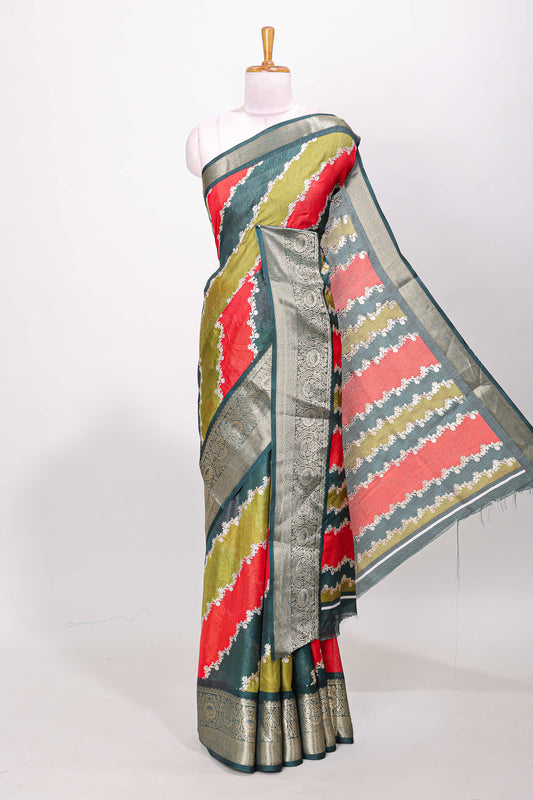 Marsh mellow multicolor laheriya stripe saree with gold zari green border and matching blouse