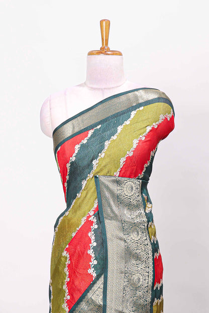 Marsh mellow multicolor laheriya stripe saree with gold zari green border and matching blouse